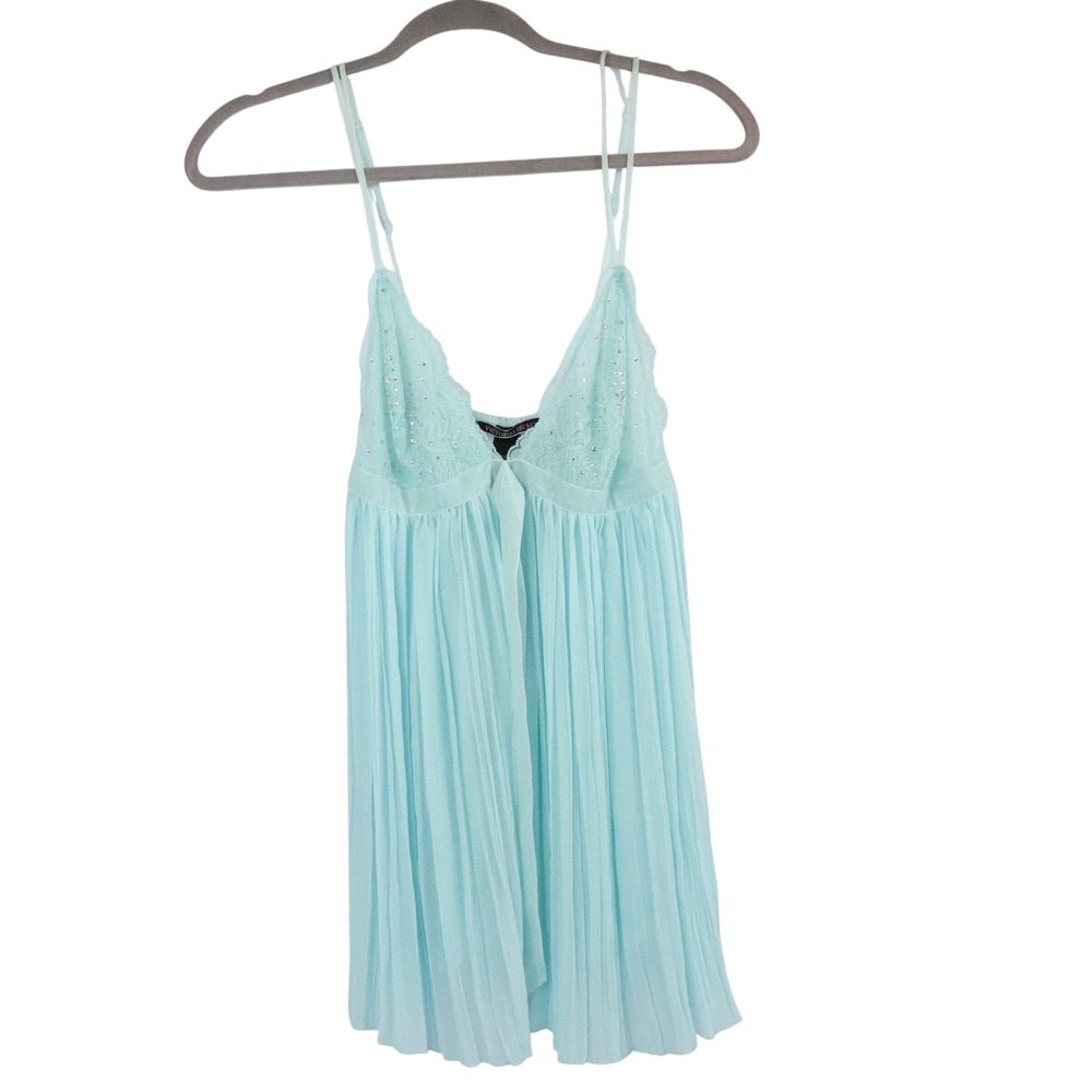 Victoria Secret Light Blue Babydoll Lingerie Nightgown Rhinestone Lace Pleated M